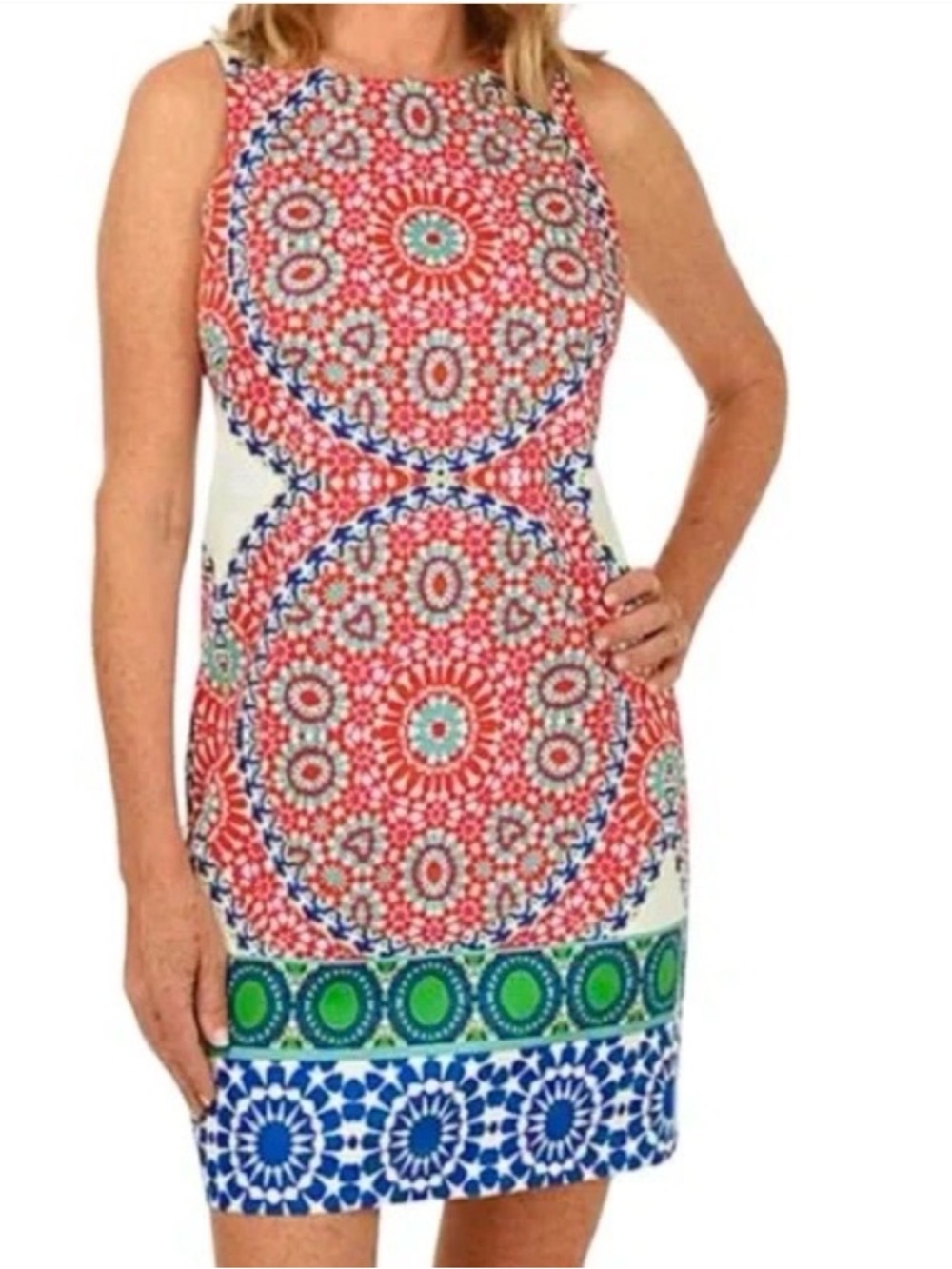 London Times Mid-Century Modern Sateen Medallion Print Dress